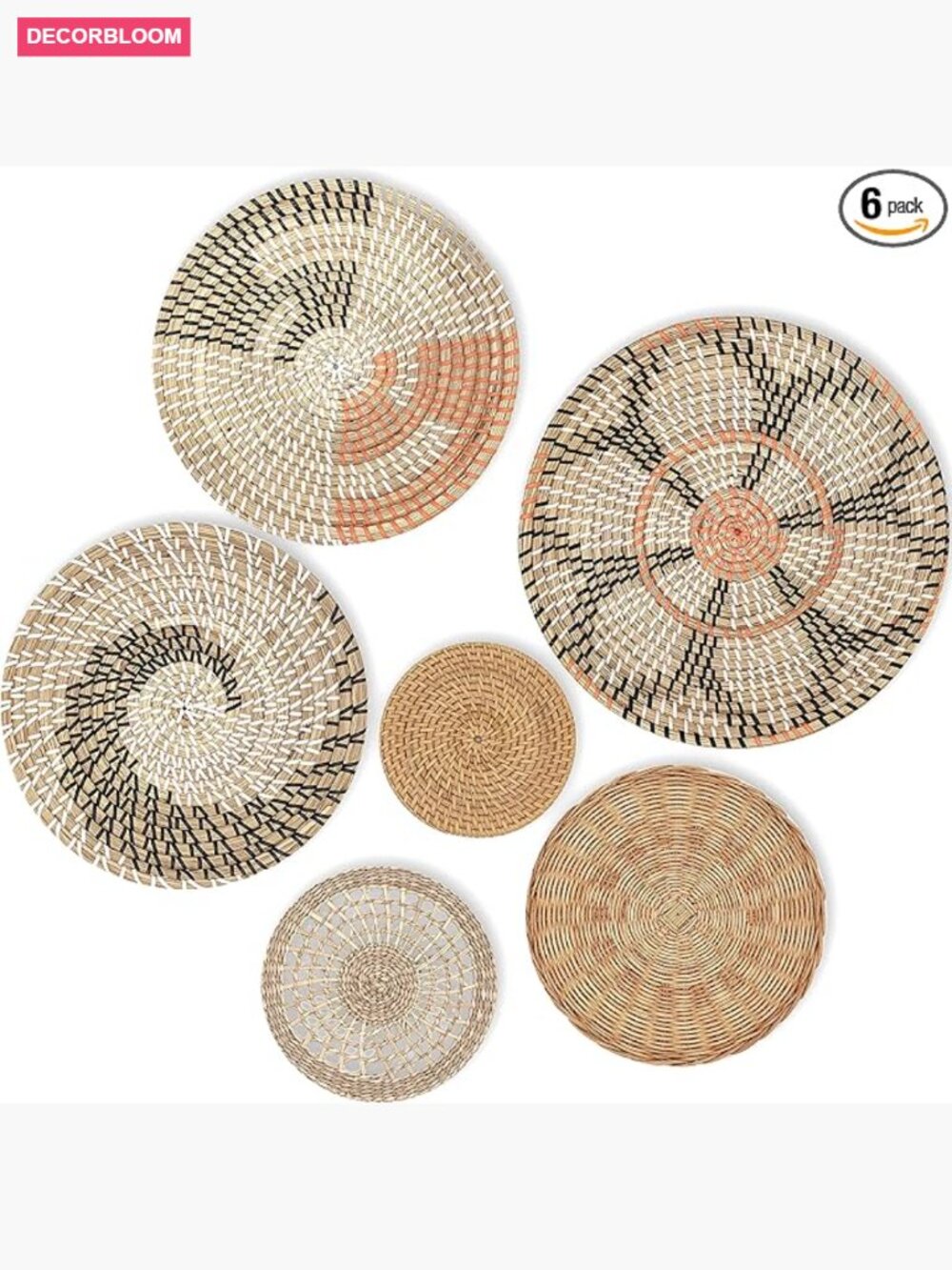 Large Boho Wicker Basket Decor Set - 6 Handmade Woven Seagrass Wall Baskets